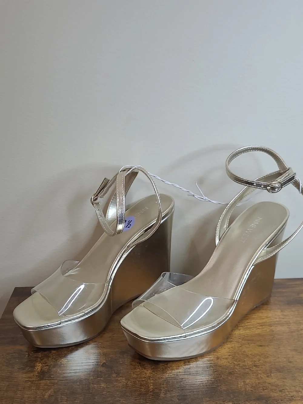 NWOT Nine West Metallic Gold Platform Wedge Sandals with Clear Strap size 8.5